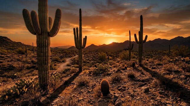 Stunning Saguaro Cactus Desert Landscape at Sunset
