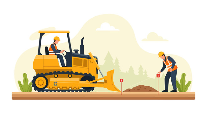 Construction worker operates bulldozer on site with colleague nearby.