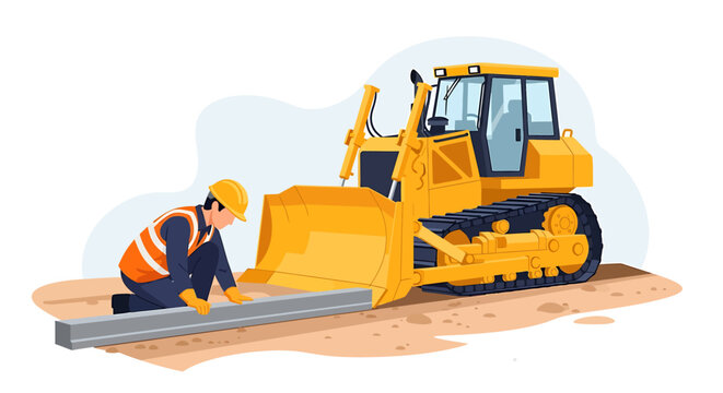 Construction worker leveling ground with bulldozer nearby.
