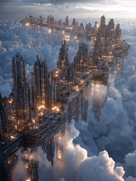 futuristic city with skyscrapers floating in the clouds
