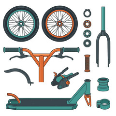 Naklejka premium Comprehensive set of disassembled stunt scooter and BMX bike parts, including wheels, handlebars, forks, deck, and brakes, ideal for maintenance, repair, and custom build projects