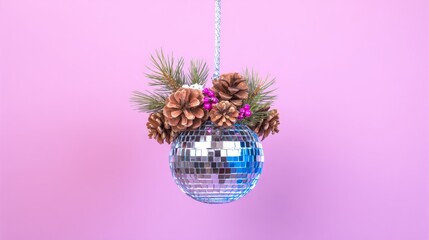 Fototapeta premium disco. A festive disco ball with holiday decor, shining brightly against a colorful backdrop. event programs, museum guides, designed for cultural heritage projects and event programs. 