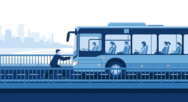 Man chasing bus on bridge, missing transportation, urban commute concept