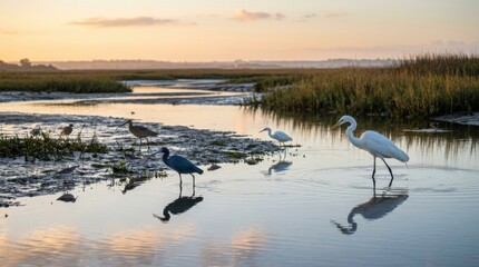Naklejka premium Coastal wetland scene with birds at sunset, serene landscape.