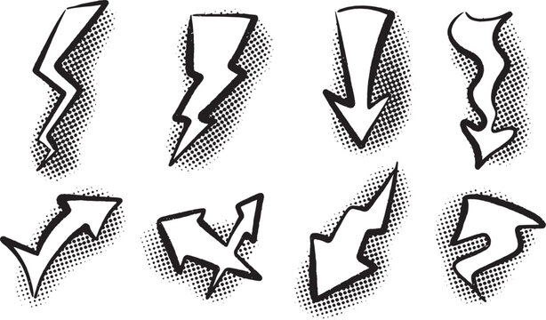 Hand drawn comic style arrow set featuring bold outlines and distressed halftone shading effects isolated on a transparent background for graphic design