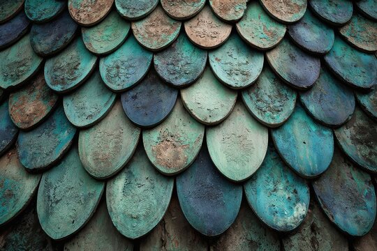 Oxidized copper roof tiles with heavy green and blue patina texture.
