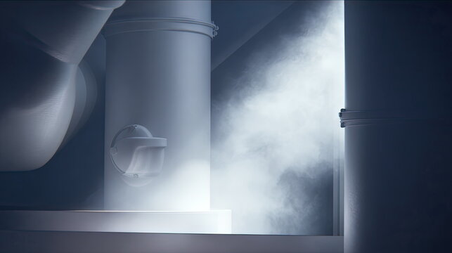 Industrial pipes and machinery belching steam and smoke in a dark, futuristic plant, dramatic blue gray lighting casting an atmospheric, mysterious industrial scene
