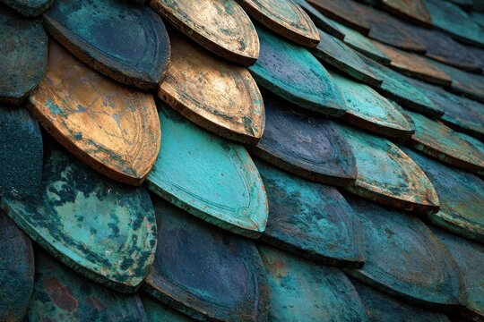 Oxidized copper roof tiles with heavy green and blue patina texture.