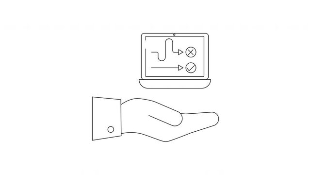 Hand Holding Laptop Displaying Workflow Diagram with Checkmarks and Crosses.
