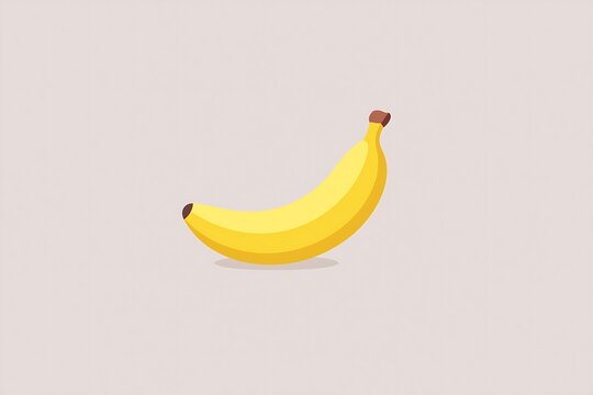 Minimalist illustration of a banana, simple curved shape, yellow skin, brown tip detail, flat design, solid warm gray background 