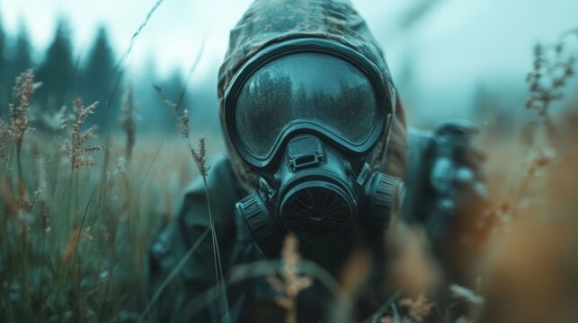 A hooded figure wearing a gas mask crouches in a foggy field, creating a sense of mystery and intrigue while evoking themes of survival and caution in nature.