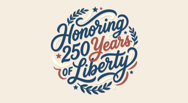 Independence Day. Honoring 250 Years Of Liberty typographic vector graphic design featuring vintage red and navy blue hand drawn script lettering with laurel wreaths and stars.