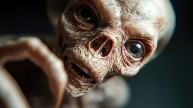 A hyper-realistic depiction of an eerie alien figure with exaggerated facial features and pale skin, evoking a surreal and unsettling atmosphere in a dark setting.