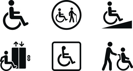 Accessibility and disability icons set with wheelchair ramp elevator assistance symbols inclusive design flat black vector collection isolated on light background © GUPISHOR