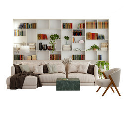 Naklejka premium 3D render, illustration Luxury modern living room interior, realistic lighting, wide angle, contemporary furniture, clean lines, minimalist decor, elegant home design, large window