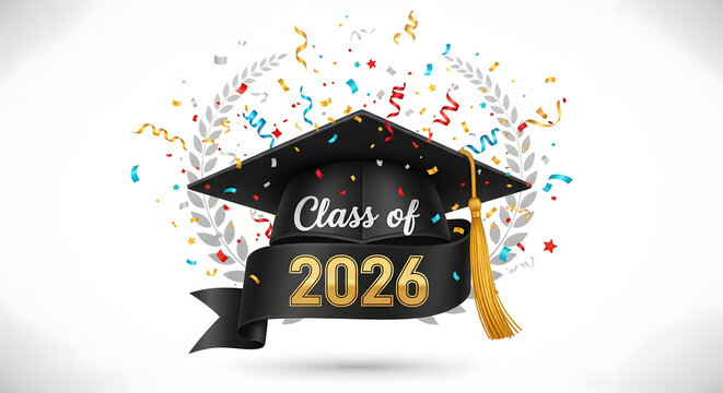 Graduation cap with class of 2026 ribbon and colorful confetti celebration background