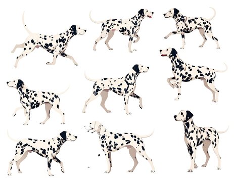 Nine illustrations of Dalmatian dogs in various poses running, walking, standing. The dogs have white coats with black spots