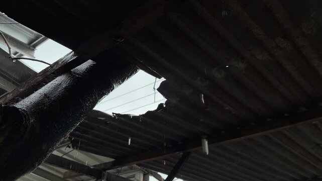 Rain drips from a torn roof. Dark pipes and rusted beams frame the scene. Water runs down warped metal sheets. Dampness gathers under broken shelter. Ideal for disaster or maintenance concepts

