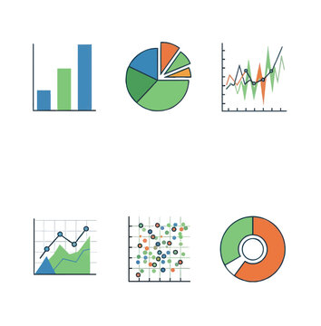 Set of modern professional data analysis icons featuring colorful business charts bar graphs pie charts line diagrams and scatter plots on white background