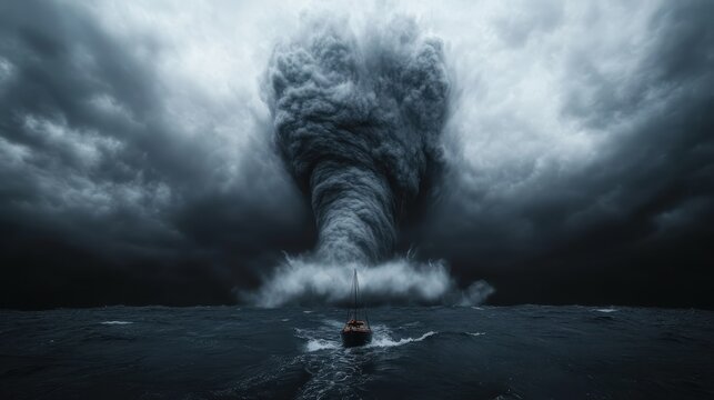 An intense image capturing a small boat valiantly navigating through dark tumultuous waters beneath a swirling tornado, symbolizing struggle against nature's raw power and unpredictability.