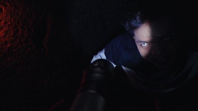 Sinister Man with White Eyes Lurking in the Shadows