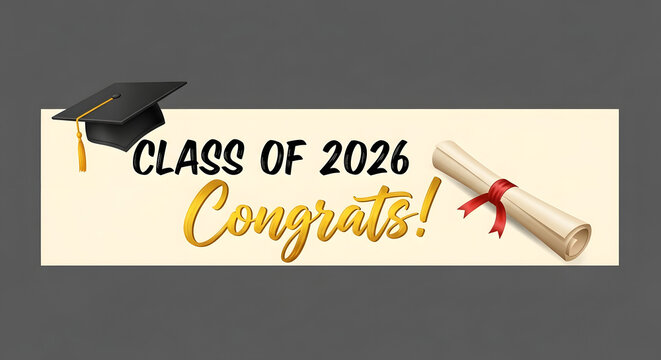 Graduation Banner for Class of 2026 with Mortarboard and Diploma Scroll
