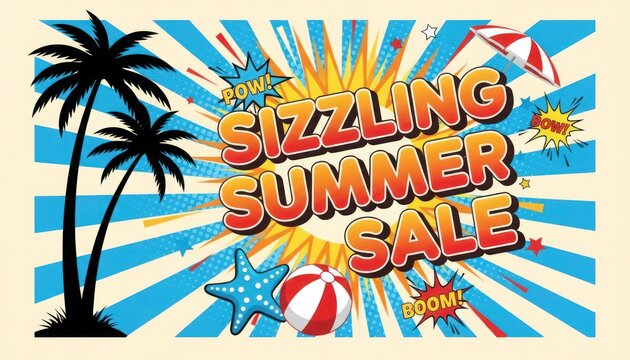 Sizzling Summer Sale banner in retro pop art style, comic book explosion background with palm trees, seasonal retail promotion poster