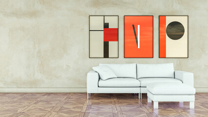 Naklejka premium 3D render, illustration Luxury modern living room interior, realistic lighting, wide angle, contemporary furniture, clean lines, minimalist decor, elegant home design, large window