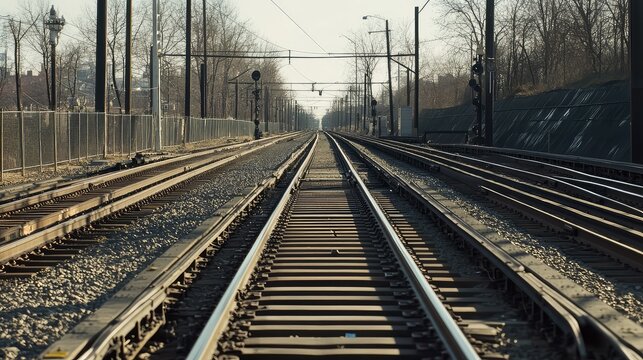 Empty railroad tracks stretching to a vanishing point, strong linear perspective suggesting journey, travel and forward progress toward the distant horizon and future destinations