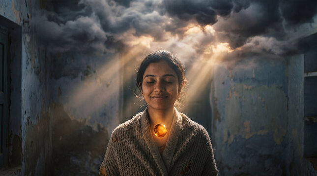 Radiant woman finds enlightenment, bathed in ethereal light and surrounded by a sense of serenity, a visual poem of inner peace and spiritual awakening.