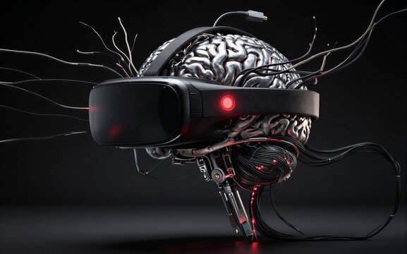 Brain connected to VR headset and wires futuristic tech fusion.