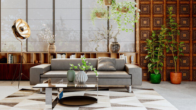 3D render, illustration Luxury modern living room interior,  realistic lighting, wide angle, contemporary furniture, clean lines, minimalist decor, elegant home design, large window