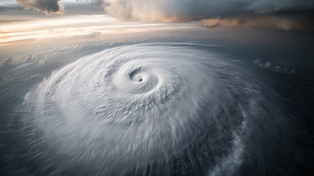 A dramatic aerial view of a swirling hurricane, showcasing the powerful dynamics of nature with a striking contrast of clouds and swirling winds in its eye.