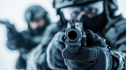 Obraz premium A dramatic portrayal of armed soldiers in action, capturing tension and intensity, showcasing personal sacrifice and duty in high-stakes environments within various operations.