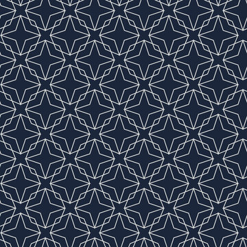 Seamless navy blue Islamic geometric pattern featuring white eight point stars and elegant linear designs.