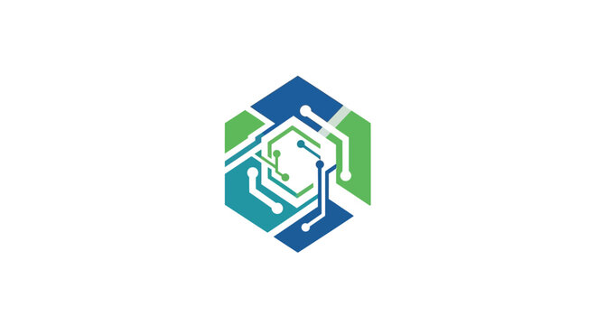 Blue and green circuit board logo.