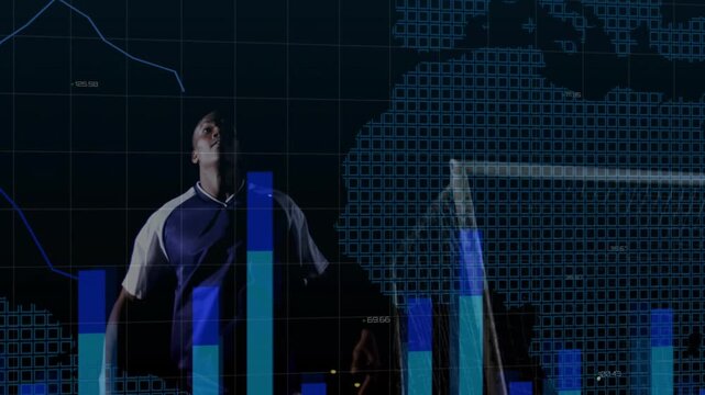 Players vying aerial duel raising arms leaping causing sports data overlay bars worldmap over goal