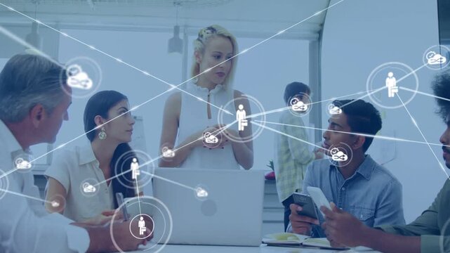 Host tapping device in meeting team watching network icons overlaying group showing business value