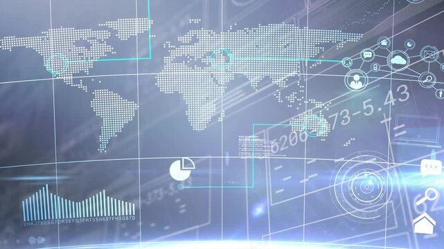 Dotted world map and HUD elements reacting to data pulse, highlighting links and showing telemetry
