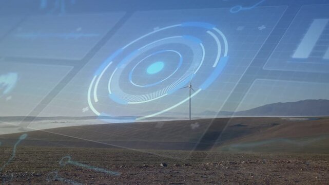HUD appearing over sky causing camera panning as wind turbine blades slowly rotating showing output