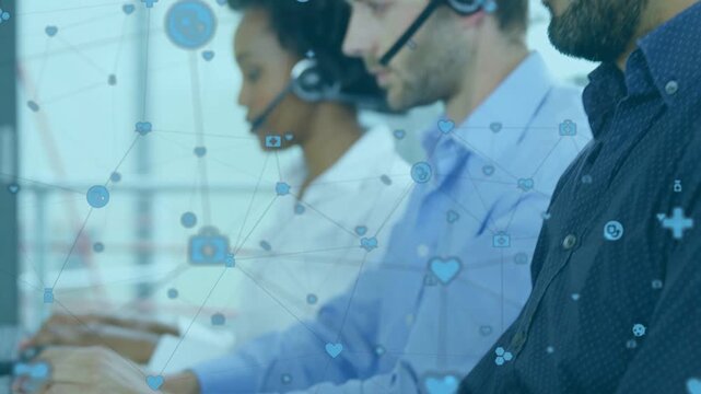 Support agents answering incoming calls and typing on keys for help, icons hovering over keyboards