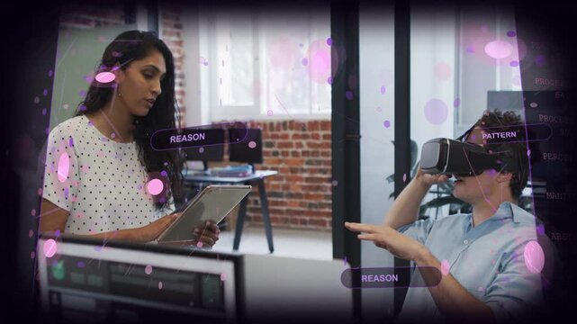 Woman tapping tablet guiding man wearing VR headset in UX test with overlays showing REASON PATTERN