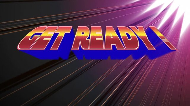 Center 3D title GET READY appearing on play, shifting gold-red with purple-pink flare for broadcast