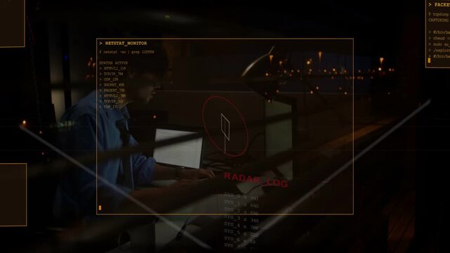 night IT tech reacting to log update, typing on laptop, flipping papers with NETSTAT HUD shifting