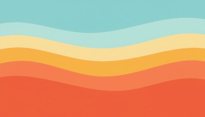 Retro 70s abstract wave background, vintage sunset color palette with orange and teal stripes, groovy wavy lines pattern for summer backdrop