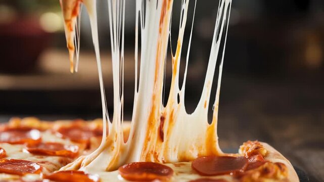 Stretchy melted cheese pull on pepperoni pizza slice, close-up of hot cheesy pizza with gooey mozzarella