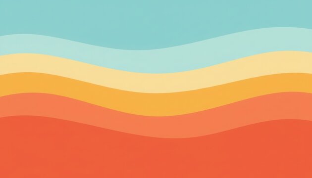 Retro 70s abstract wave background, vintage sunset color palette with orange and teal stripes, groovy wavy lines pattern for summer backdrop