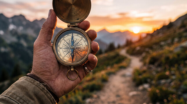 A hand holds a vintage compass, against a scenic mountain hiking trail during golden hour. A person uses an old navigational tool.