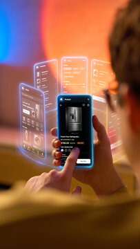 Close view of hands using smartphone with ecommerce UI. Concept of online purchase and product selection. Perfect for retail, fintech and mobile commerce industries.