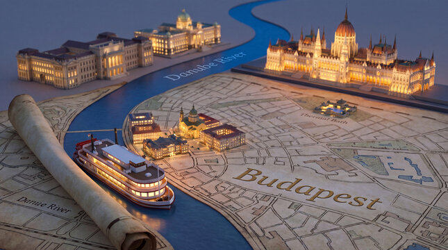 A miniature cityscape of Budapest with illuminated buildings and a river flowing through the map, inviting viewers to embark on a journey.